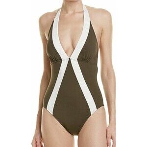VINCE CAMUTO Sun Block Colorblock Plunge Halter One-Piece Swimsuit 12 Bonsai